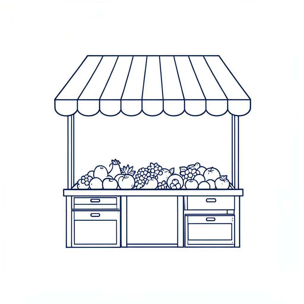 Dibujo minimalista de un puesto de mercado con toldo a rayas y cajas de fruta, en trazo fino azul marino sobre fondo blanco