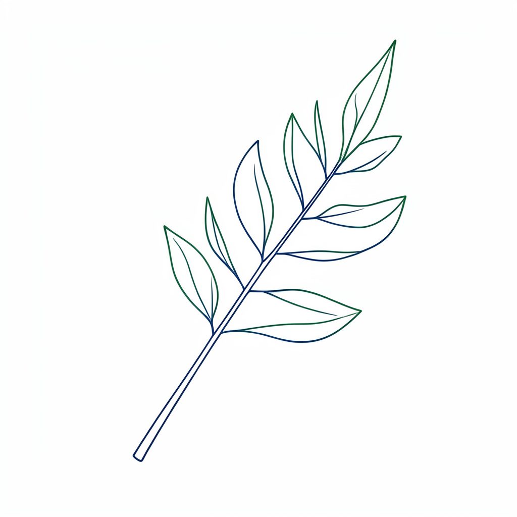 Dibujo de una hoja y una rama estilizada, trazo fino en verde azulado sobre fondo blanco, estilo botánico sencillo