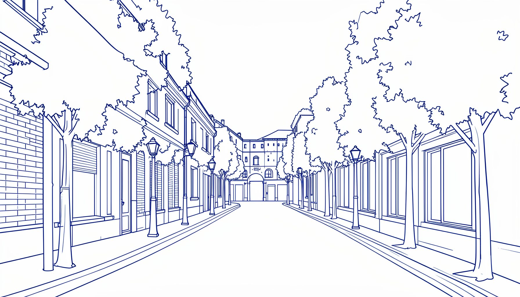 Ilustración de línea sencilla del barrio de Arganzuela: una calle arbolada con edificios bajos de ladrillo visto, farolas clásicas y cielo despejado, en tonos suaves
