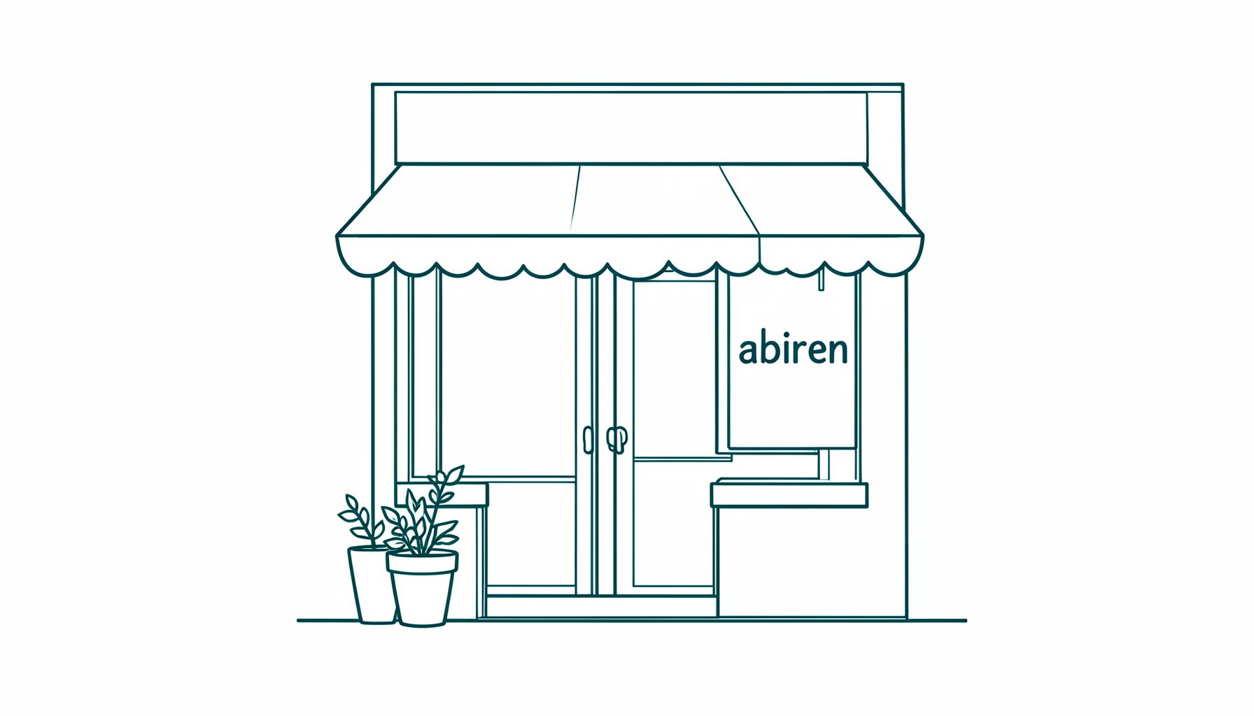 Ilustración de línea sencilla de un escaparate de tienda de barrio con toldo, una maceta junto a la puerta y un cartel de «abierto», trazo fino en azul marino y verde azulado sobre fondo blanco