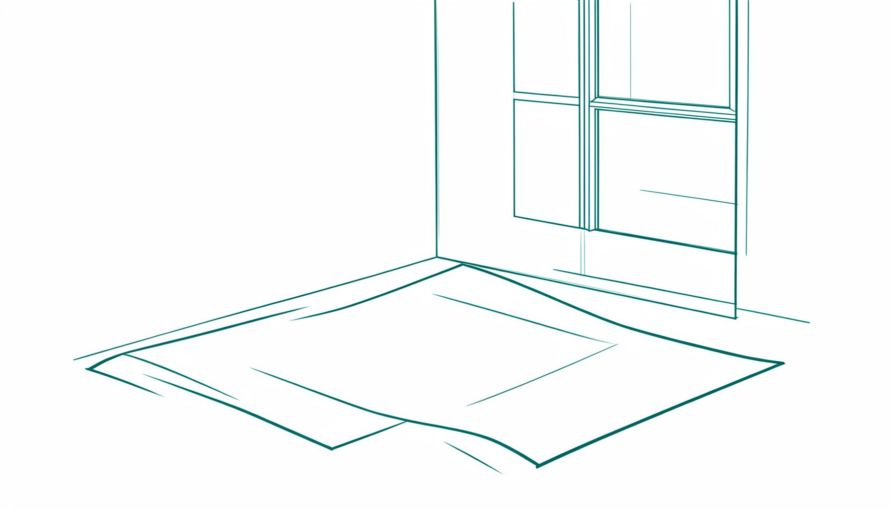 Dibujo sencillo de una esterilla de yoga junto a una ventana con luz natural, trazo fino en verde azulado