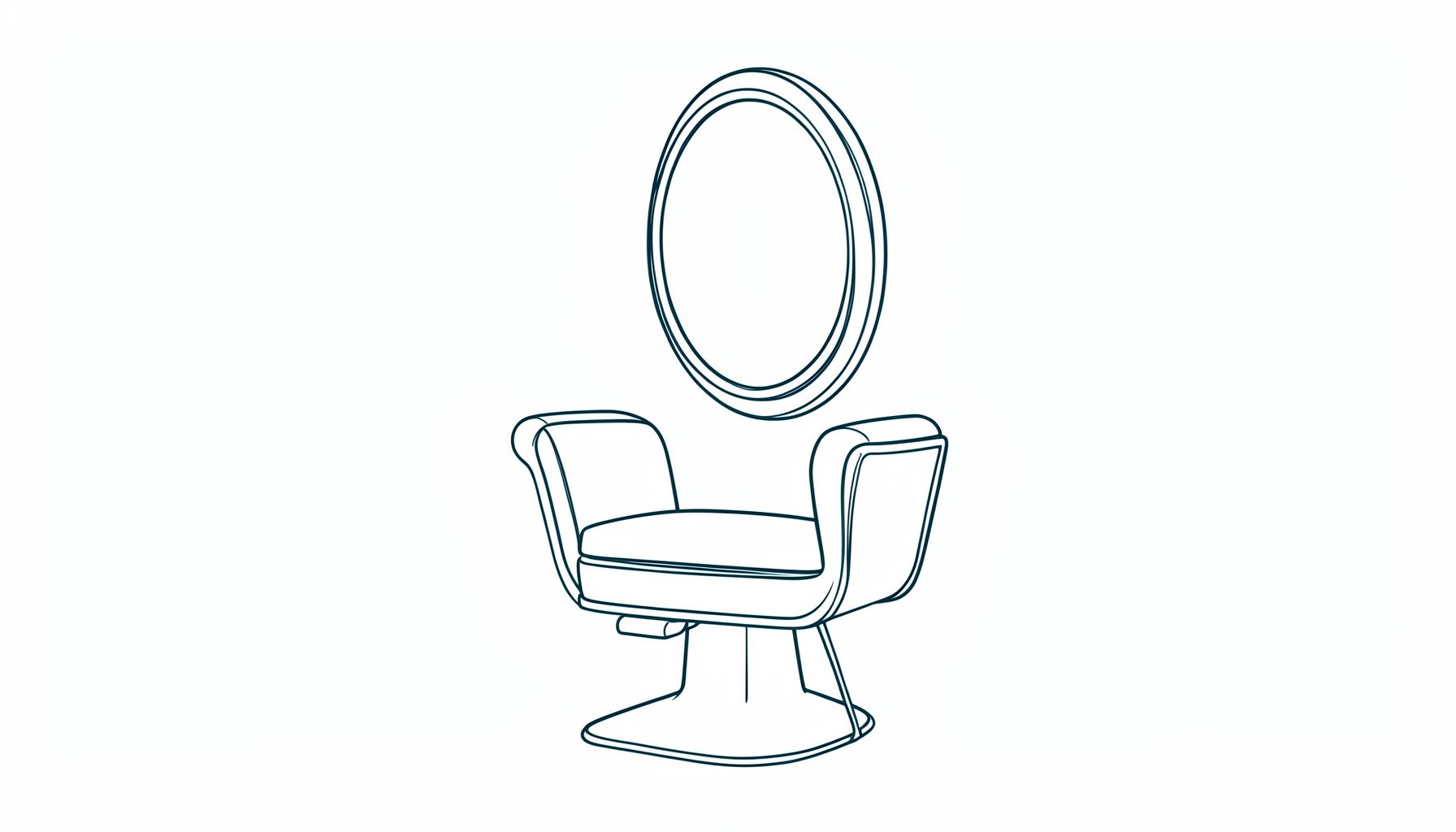 Dibujo minimalista de un sillón de peluquería con un espejo ovalado, líneas limpias en azul marino sobre fondo blanco