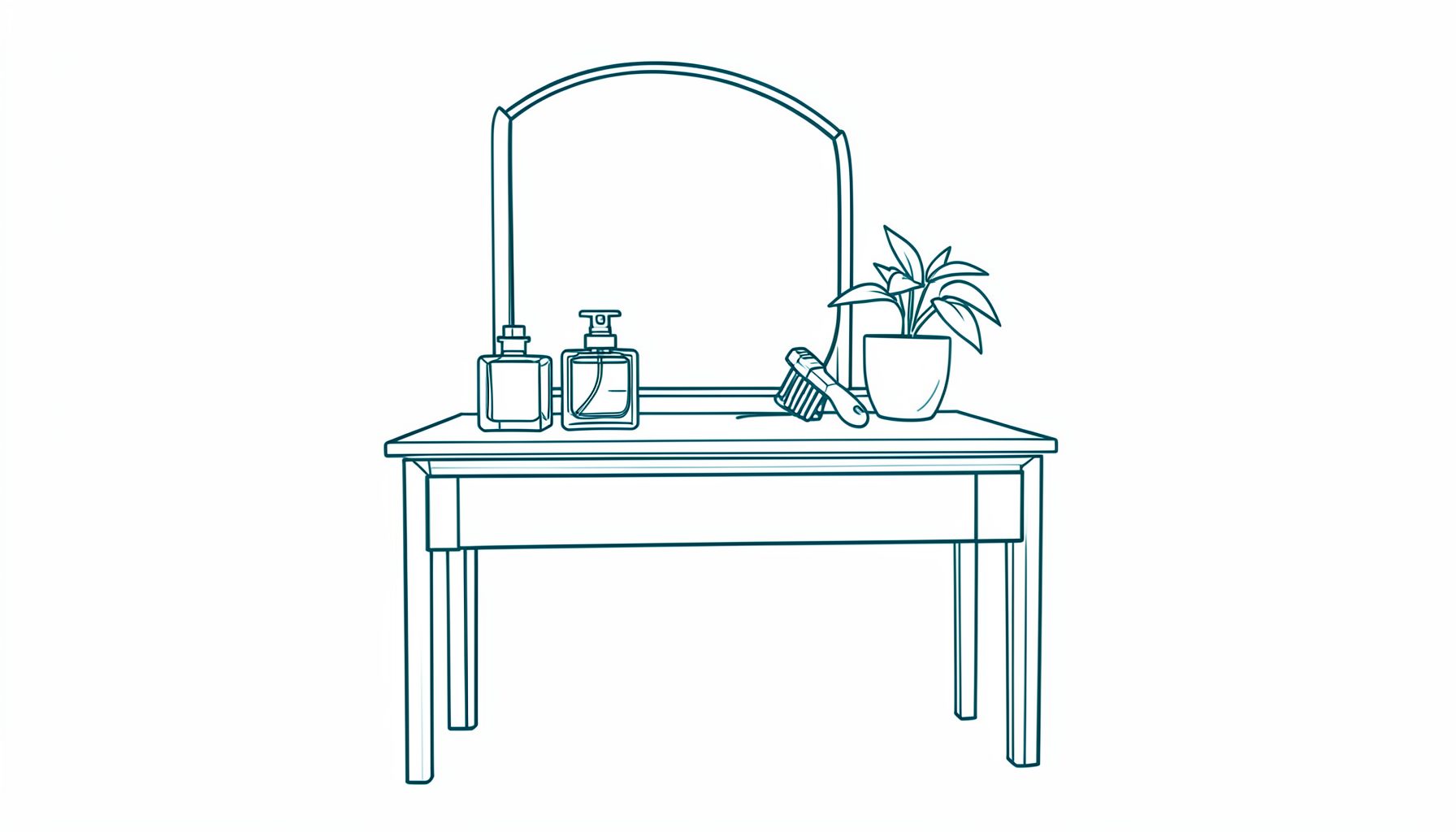 Ilustración de línea sencilla: un tocador con frascos de perfume, un cepillo y una planta, trazo fino en tonos azul marino y verde azulado sobre fondo claro
